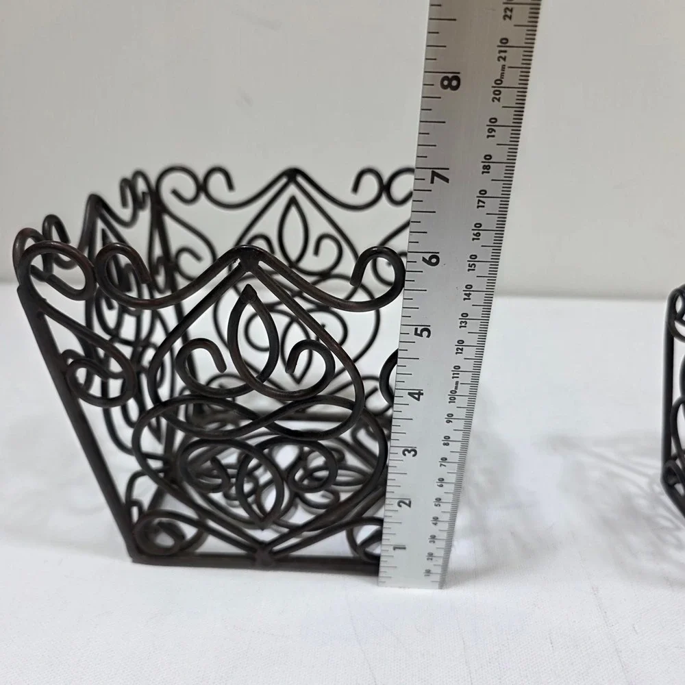 Wire Basket Farmhouse Set S/M Brown Scrollwork Wrought Iron Decor Chic Storage